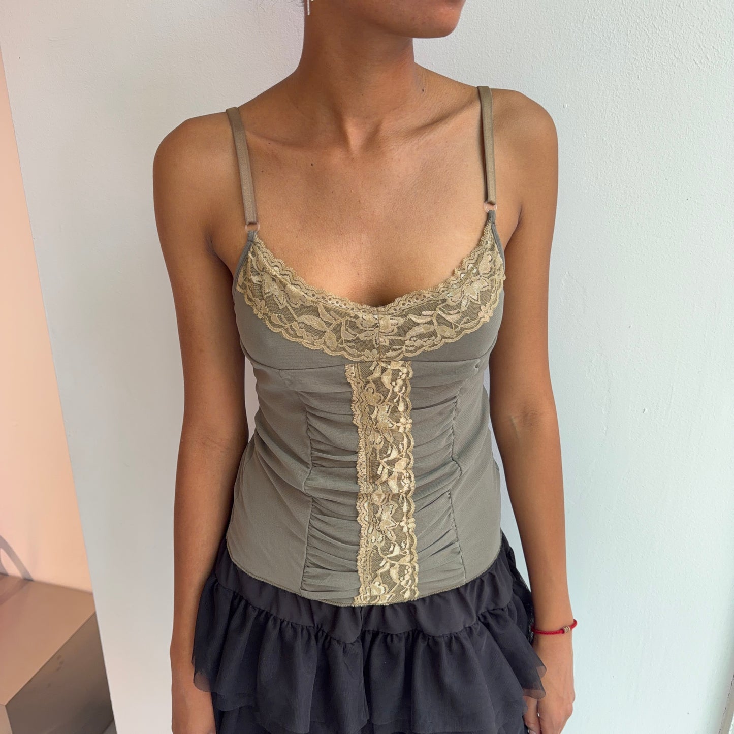 Khaki Ruffled Lace Cami Top